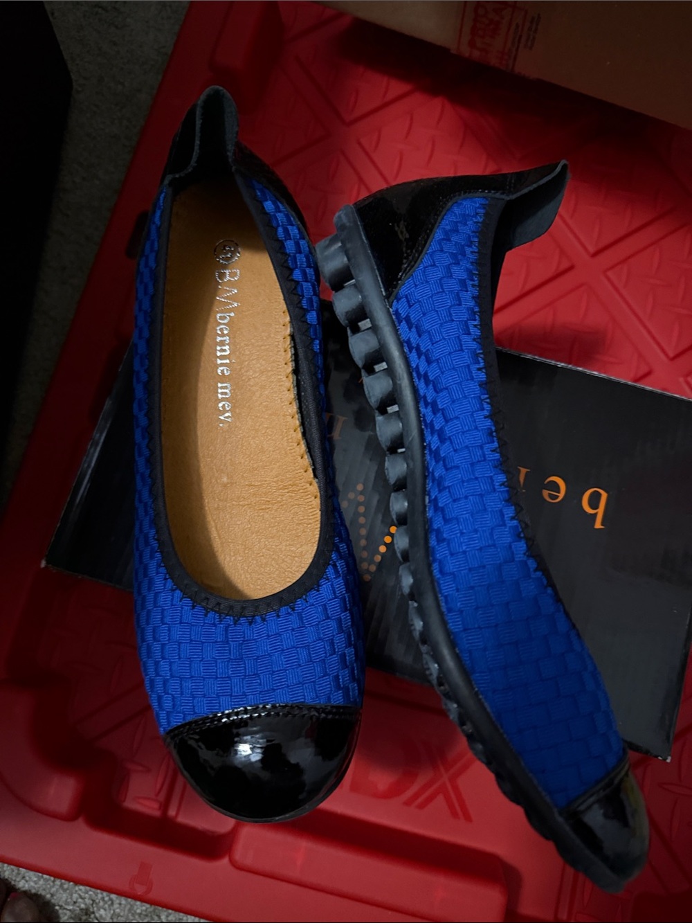 bernie mev. Blue Woven Ballet Flats with Black Patent Accents